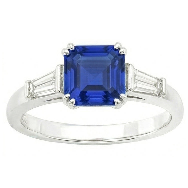 Bague Or Trois Pierres Saphir Asscher 2.50 Carats Diamants Baguette