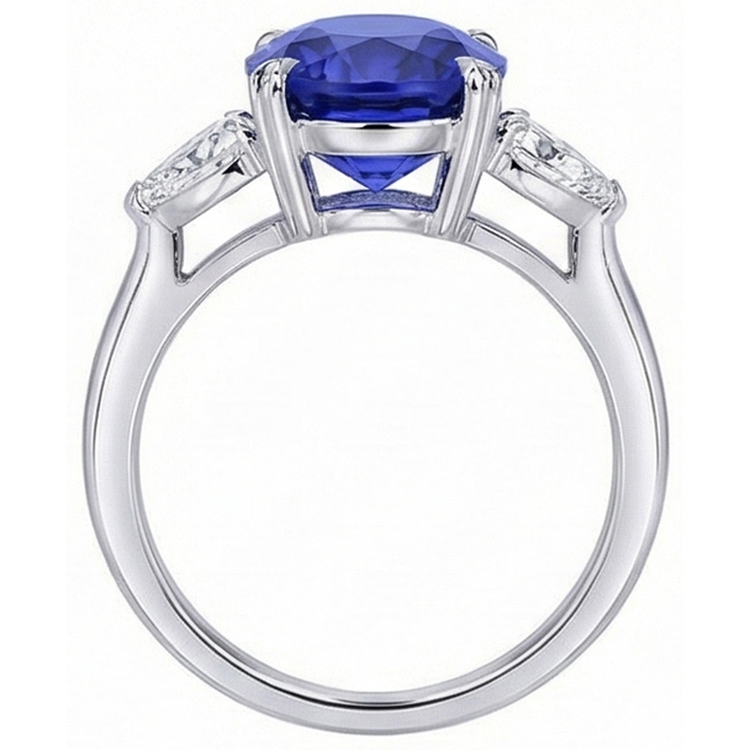 Bague Ovale 3 Pierres Prong Saphir Bleu & Diamants Poire 4.50 Carats