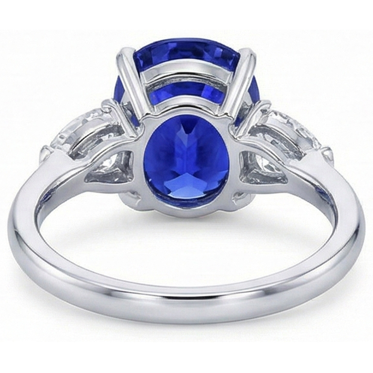 Bague Ovale 3 Pierres Prong Saphir Bleu & Diamants Poire 4.50 Carats