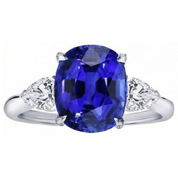 Bague Ovale 3 Pierres Prong Saphir Bleu & Diamants Poire 4.50 Carats