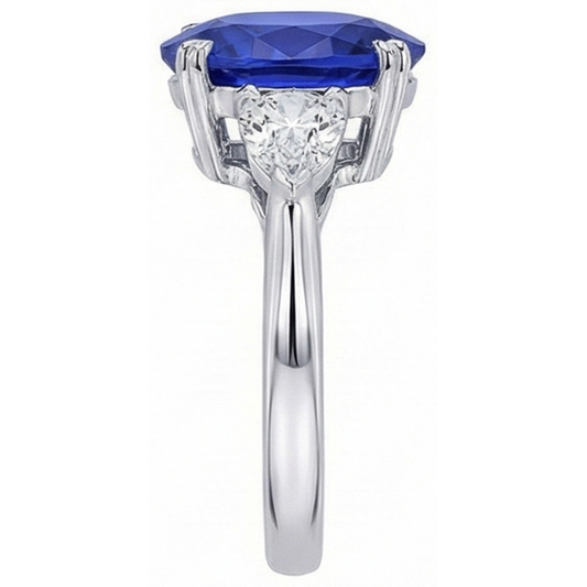 Bague Ovale 3 Pierres Prong Saphir Bleu & Diamants Poire 4.50 Carats
