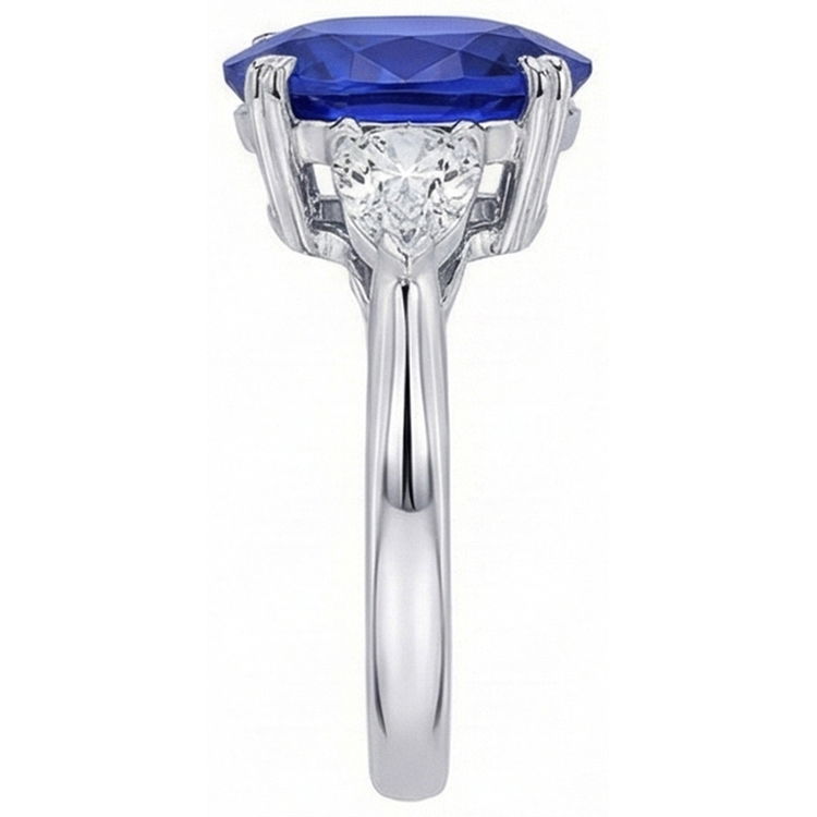 Bague Ovale 3 Pierres Prong Saphir Bleu & Diamants Poire 4.50 Carats