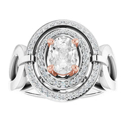 Bague Ovale À Double Halo Avec Réel Diamants Taille Ancienne Sertie De Griffes 6.25 Carats Deux Tons