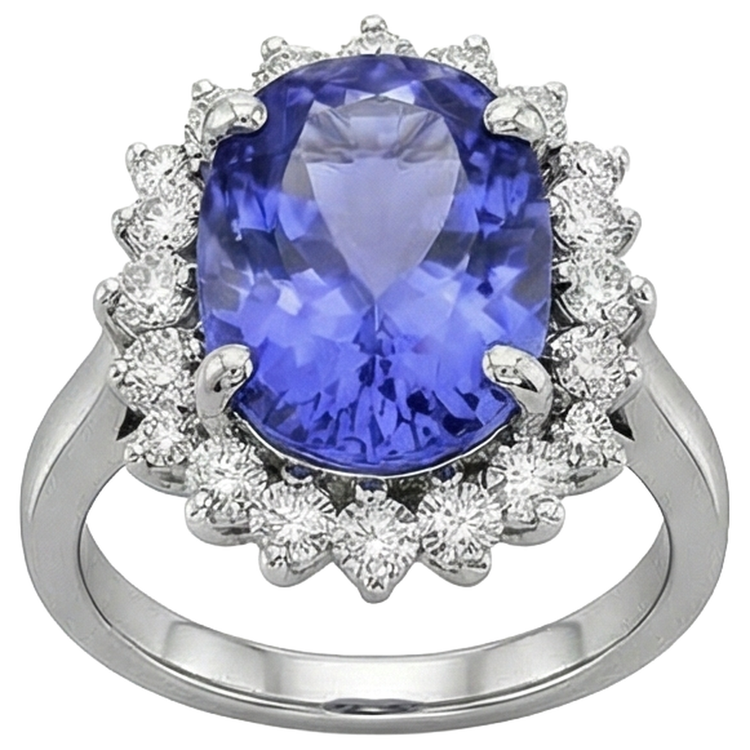 Bague Ovale AAA Tanzanite Et Diamants Naturels Extraits des Mines ( et non cultivés en laboratoire ) 8 Carats Or Blanc 14K