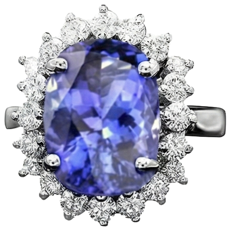 Bague Ovale AAA Tanzanite Et Diamants Naturels Extraits des Mines ( et non cultivés en laboratoire ) 8 Carats Or Blanc 14K