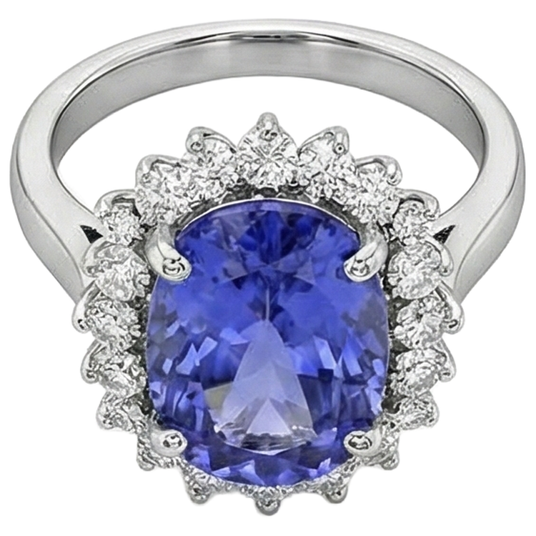 Bague Ovale AAA Tanzanite Et Diamants Naturels Extraits des Mines ( et non cultivés en laboratoire ) 8 Carats Or Blanc 14K