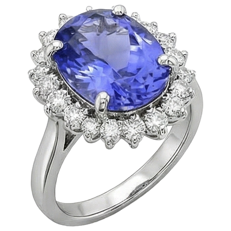 Bague Ovale AAA Tanzanite Et Diamants Naturels Extraits des Mines ( et non cultivés en laboratoire ) 8 Carats Or Blanc 14K