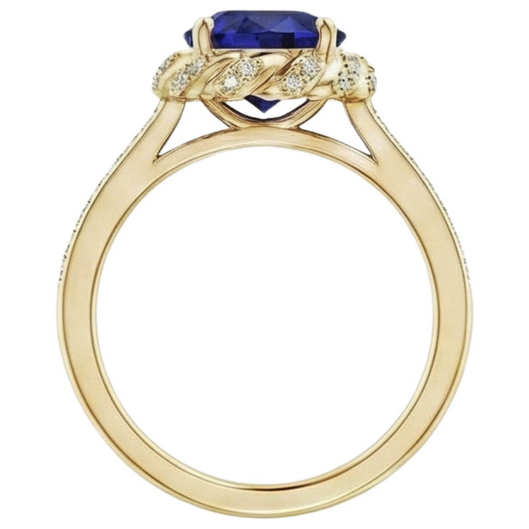 Bague Ovale Halo Pierres Précieuses Saphir Bleu Pavé Diamant Naturels Extraits des Mines ( et non cultivés en laboratoire ) Or Jaune 7 Carats