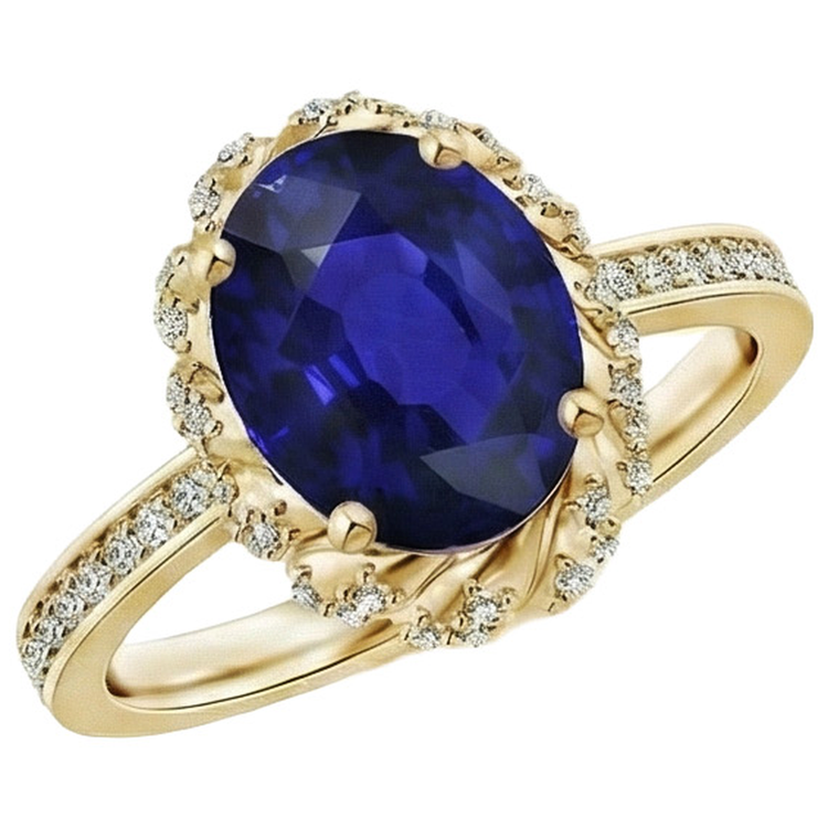Bague Ovale Halo Pierres Précieuses Saphir Bleu Pavé Diamant Naturels Extraits des Mines ( et non cultivés en laboratoire ) Or Jaune 7 Carats