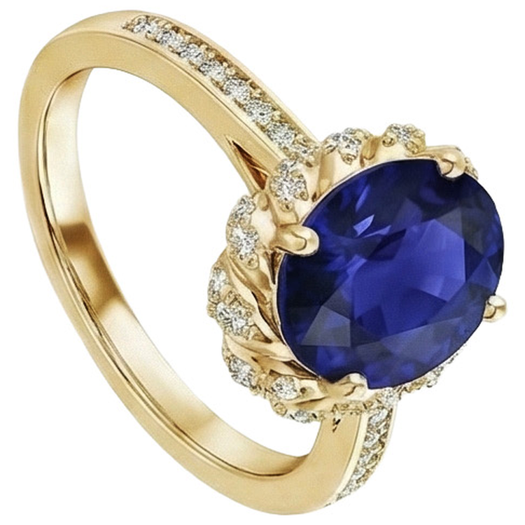 Bague Ovale Halo Pierres Précieuses Saphir Bleu Pavé Diamant Naturels Extraits des Mines ( et non cultivés en laboratoire ) Or Jaune 7 Carats