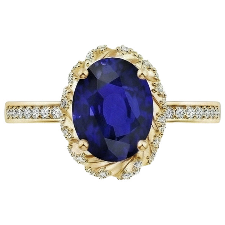 Bague Ovale Halo Pierres Précieuses Saphir Bleu Pavé Diamant Naturels Extraits des Mines ( et non cultivés en laboratoire ) Or Jaune 7 Carats
