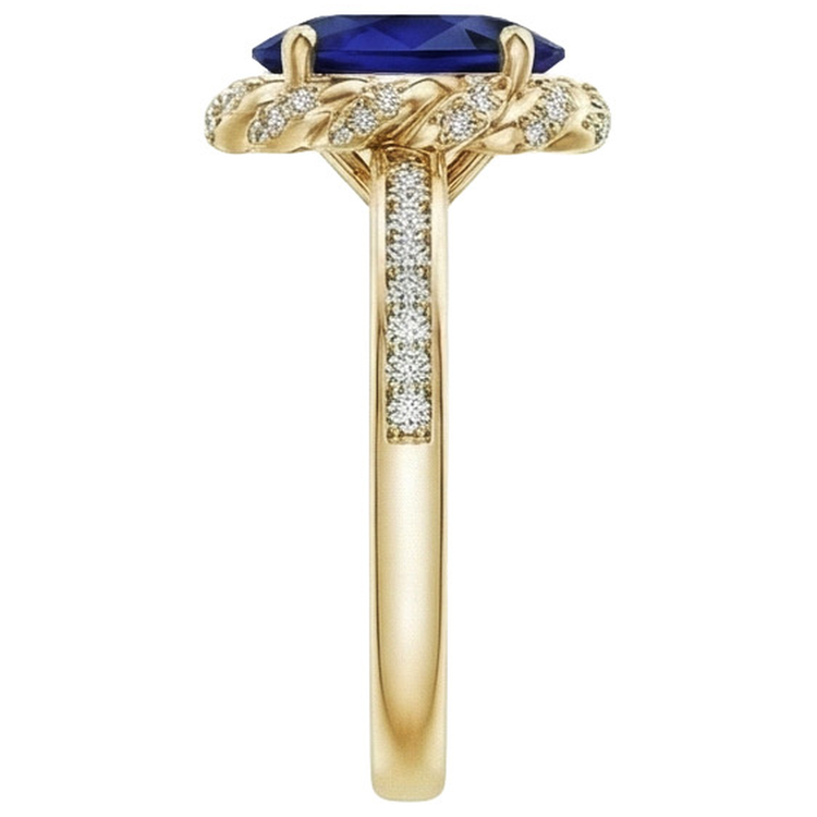 Bague Ovale Halo Pierres Précieuses Saphir Bleu Pavé Diamant Naturels Extraits des Mines ( et non cultivés en laboratoire ) Or Jaune 7 Carats