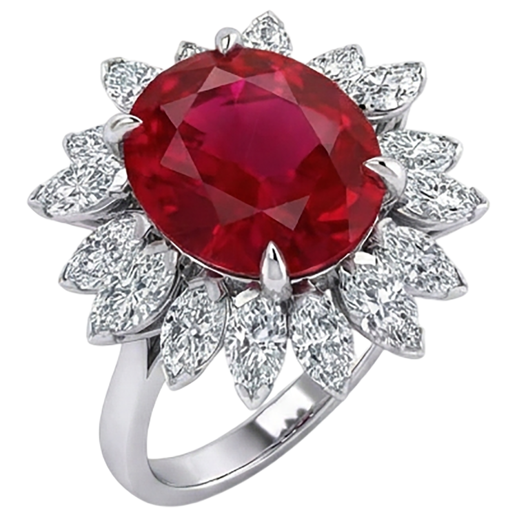 Bague Ovale Naturelle 13.80 Carats Rubis Diamant Naturels Extraits des Mines ( et non cultivés en laboratoire ) Or Blanc 14K