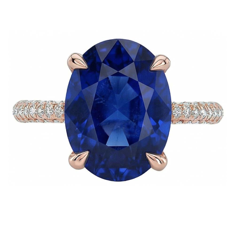 Bague Ovale Pierres Précieuses Saphir Bleu & Pavé de Diamants 3.50 Carats