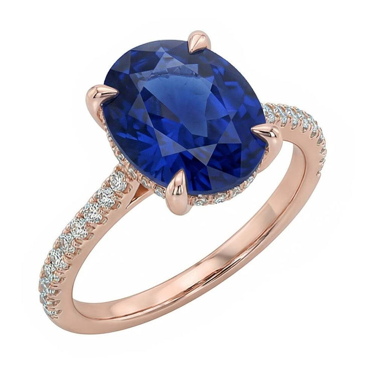 Bague Ovale Pierres Précieuses Saphir Bleu & Pavé de Diamants 3.50 Carats