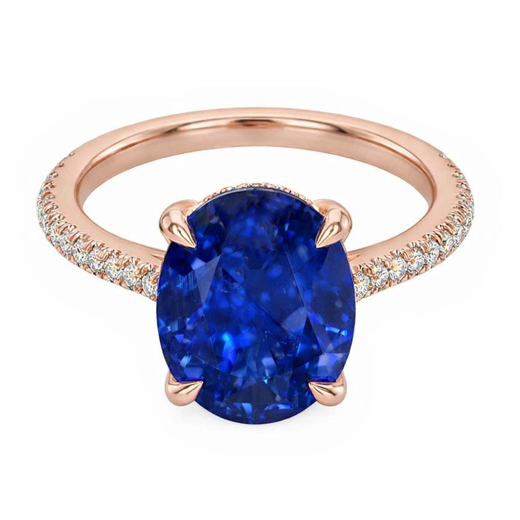 Bague Ovale Pierres Précieuses Saphir Bleu & Pavé de Diamants 3.50 Carats