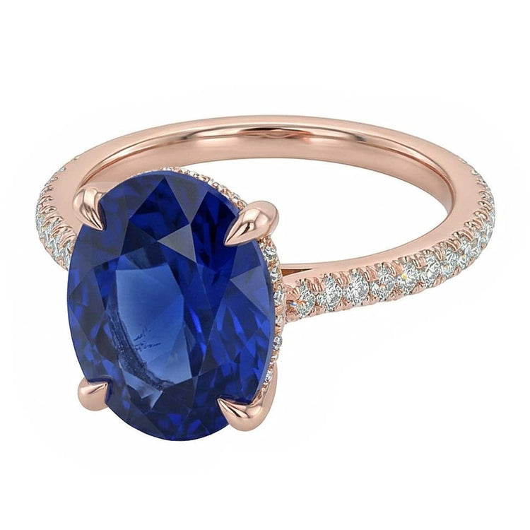Bague Ovale Pierres Précieuses Saphir Bleu & Pavé de Diamants 3.50 Carats