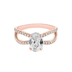 Bague Ovale Réel Diamant Taille Ancienne Mine Double Tige 3.90 Carats Or Rose 14K