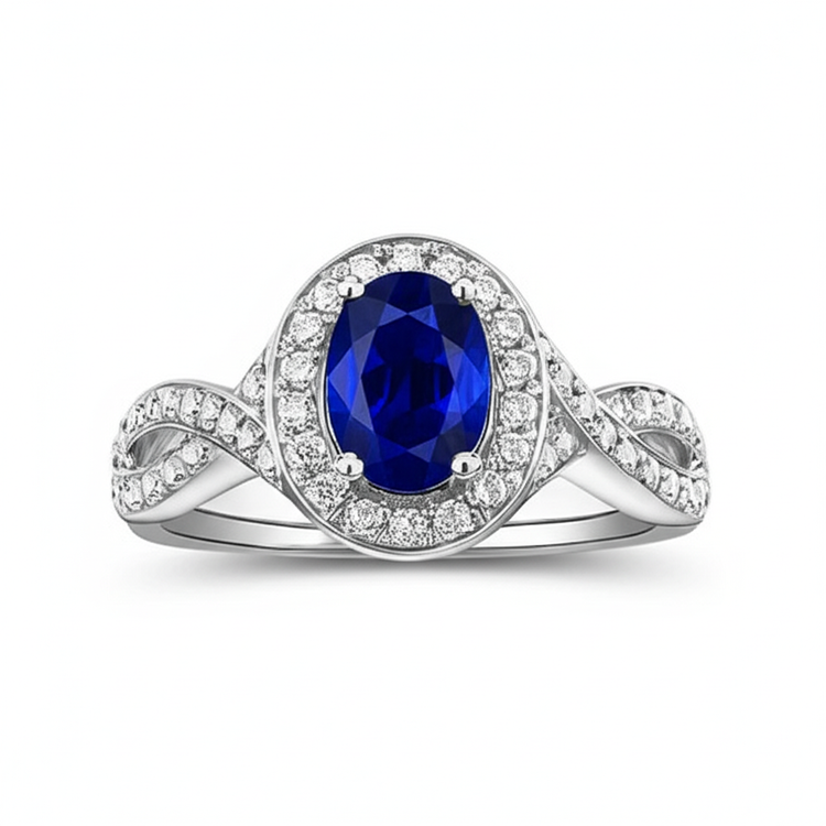 Bague Ovale Safir Sri Lanka Halo