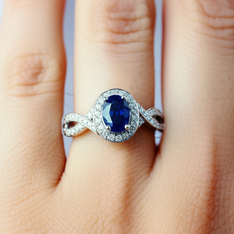 Bague Ovale Safir Sri Lanka Halo