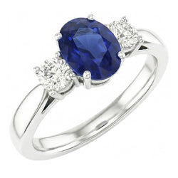 Bague Ovale Saphir Trois Pierres Diamant Rond Or 2 Carats 14K