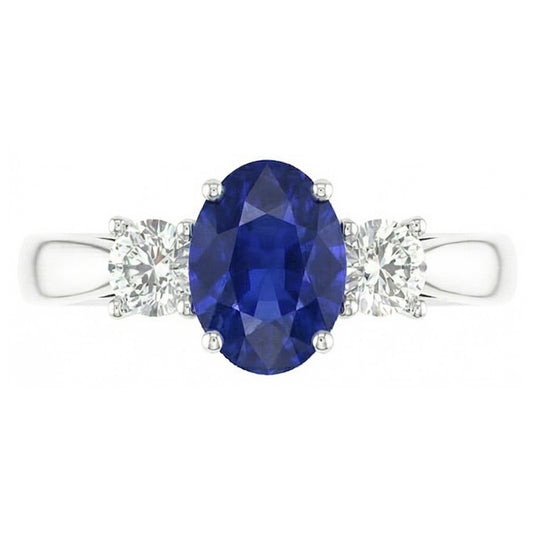 Bague Ovale Saphir Trois Pierres Diamant Rond Or 2 Carats 14K