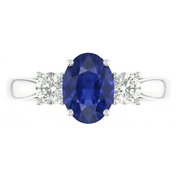 Bague Ovale Saphir Trois Pierres Diamant Rond Or 2 Carats 14K