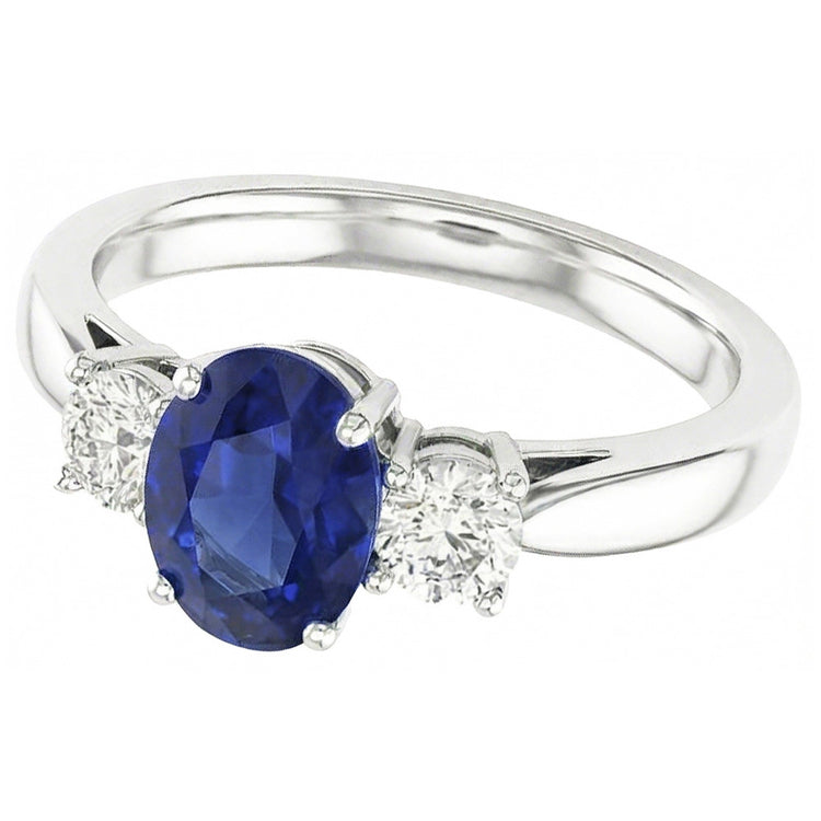 Bague Ovale Saphir Trois Pierres Diamant Rond Or 2 Carats 14K