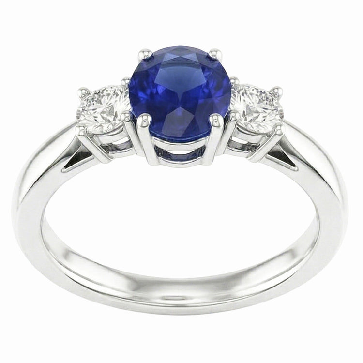 Bague Ovale Saphir Trois Pierres Diamant Rond Or 2 Carats 14K