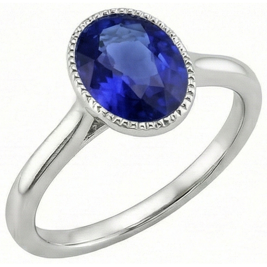 Bague Ovale Solitaire Saphir Bleu Ensemble Lunette 2.50 Carats Bijoux