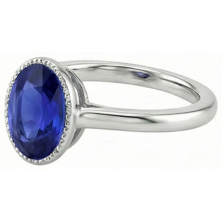 Bague Ovale Solitaire Saphir Bleu Ensemble Lunette 2.50 Carats Bijoux