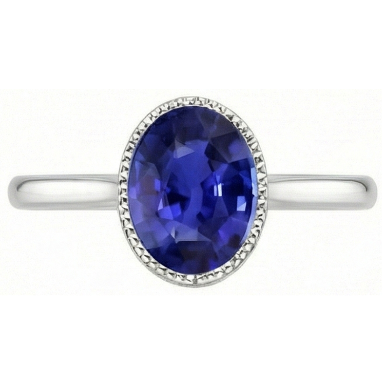 Bague Ovale Solitaire Saphir Bleu Ensemble Lunette 2.50 Carats Bijoux