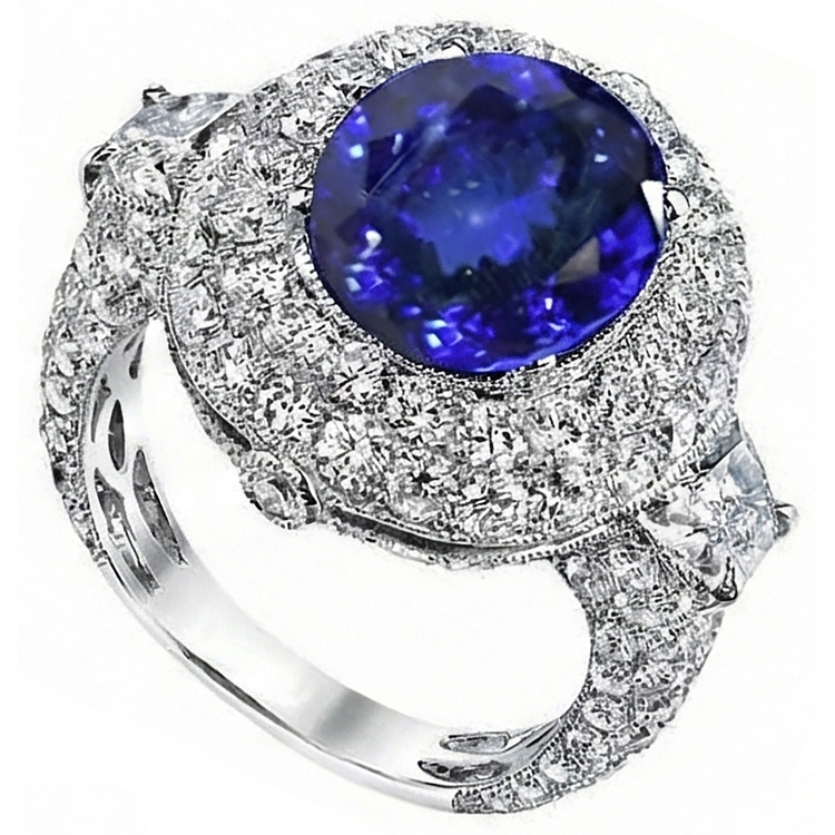 Bague Ovale Tanzanite 6.01 Ct Et Diamants Naturels Extraits des Mines ( et non cultivés en laboratoire ) Or Blanc 14K