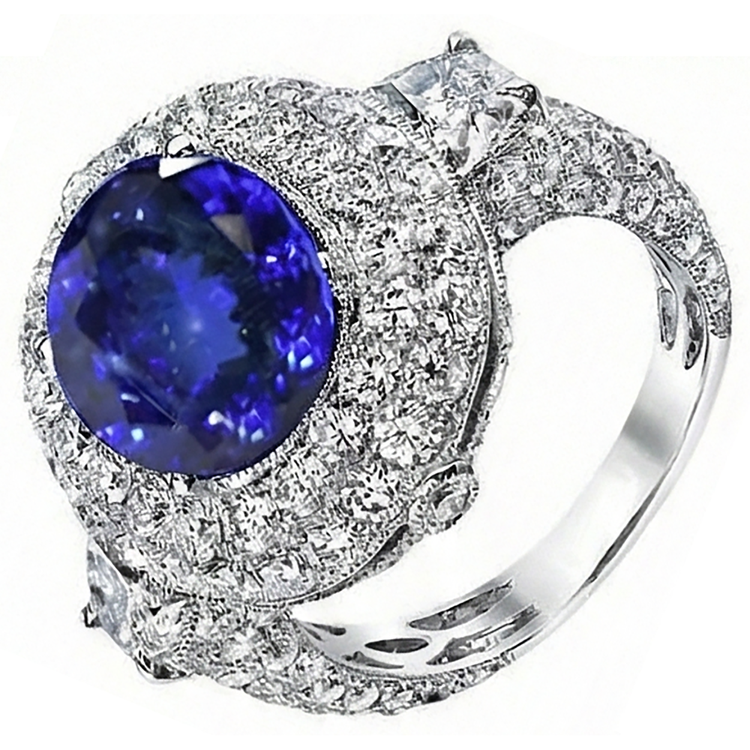 Bague Ovale Tanzanite 6.01 Ct Et Diamants Naturels Extraits des Mines ( et non cultivés en laboratoire ) Or Blanc 14K