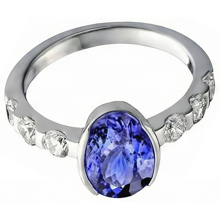 Bague Ovale Tanzanite AAA Et Diamants Naturels Extraits des Mines ( et non cultivés en laboratoire ) Or Blanc 4.50 Carat Bijoux