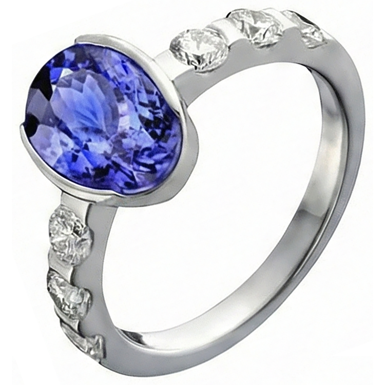 Bague Ovale Tanzanite AAA Et Diamants Naturels Extraits des Mines ( et non cultivés en laboratoire ) Or Blanc 4.50 Carat Bijoux