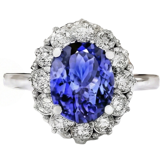 Bague Ovale Tanzanite Et Diamants 10 Ct Or Blanc 14K Sertie De Griffes