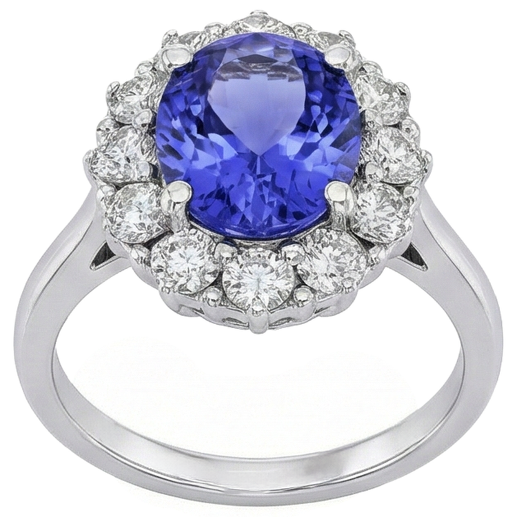 Bague Ovale Tanzanite Et Diamants 10 Ct Or Blanc 14K Sertie De Griffes