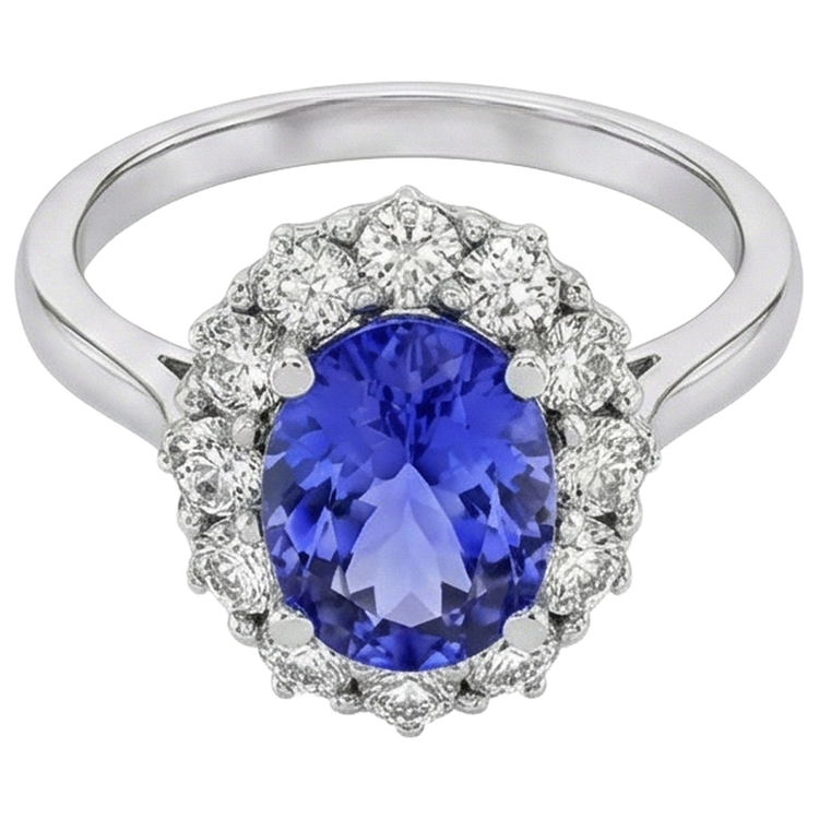 Bague Ovale Tanzanite Et Diamants 10 Ct Or Blanc 14K Sertie De Griffes