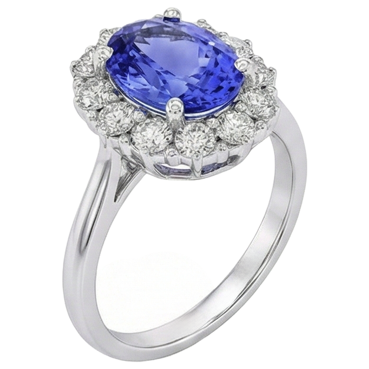 Bague Ovale Tanzanite Et Diamants 10 Ct Or Blanc 14K Sertie De Griffes
