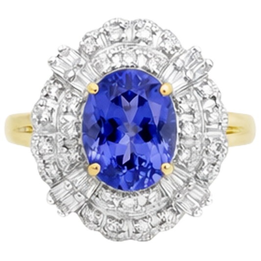 Bague Ovale Tanzanite Et Diamants Naturels Extraits des Mines ( et non cultivés en laboratoire ) Baguette Or 8 Carats Neuve