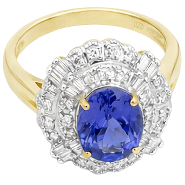 Bague Ovale Tanzanite Et Diamants Naturels Extraits des Mines ( et non cultivés en laboratoire ) Baguette Or 8 Carats Neuve