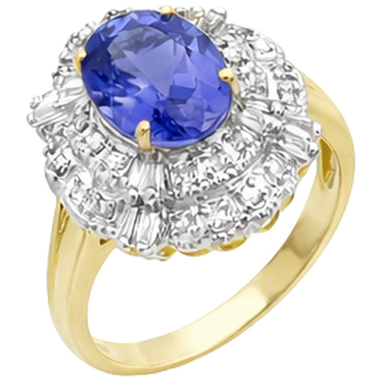 Bague Ovale Tanzanite Et Diamants Naturels Extraits des Mines ( et non cultivés en laboratoire ) Baguette Or 8 Carats Neuve