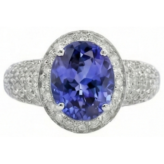 Bague Ovale Tanzanite & Diamants Naturels Extraits des Mines ( et non cultivés en laboratoire ) 7 Carats Pavé Or Blanc 14K