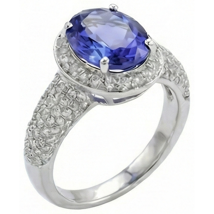 Bague Ovale Tanzanite & Diamants Naturels Extraits des Mines ( et non cultivés en laboratoire ) 7 Carats Pavé Or Blanc 14K