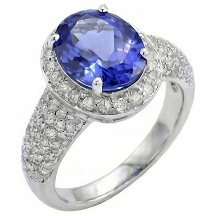 Bague Ovale Tanzanite & Diamants Naturels Extraits des Mines ( et non cultivés en laboratoire ) 7 Carats Pavé Or Blanc 14K