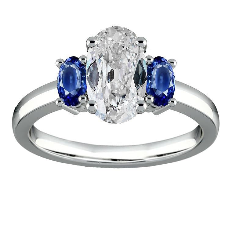 Bague Ovale Trois Pierres Vieux Mineur Véritable Diamant & Saphirs Bleus 7 Carats