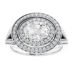 Bague Ovale Vieux Mineur Naturel Diamant Double Halo Sertie De Griffes Tige Fendue 9 Carats