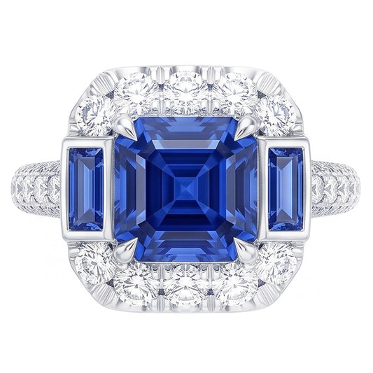 Bague Pierre Gemme Asscher & Emeraude Saphir Diamant Bijoux 4.50 Carats