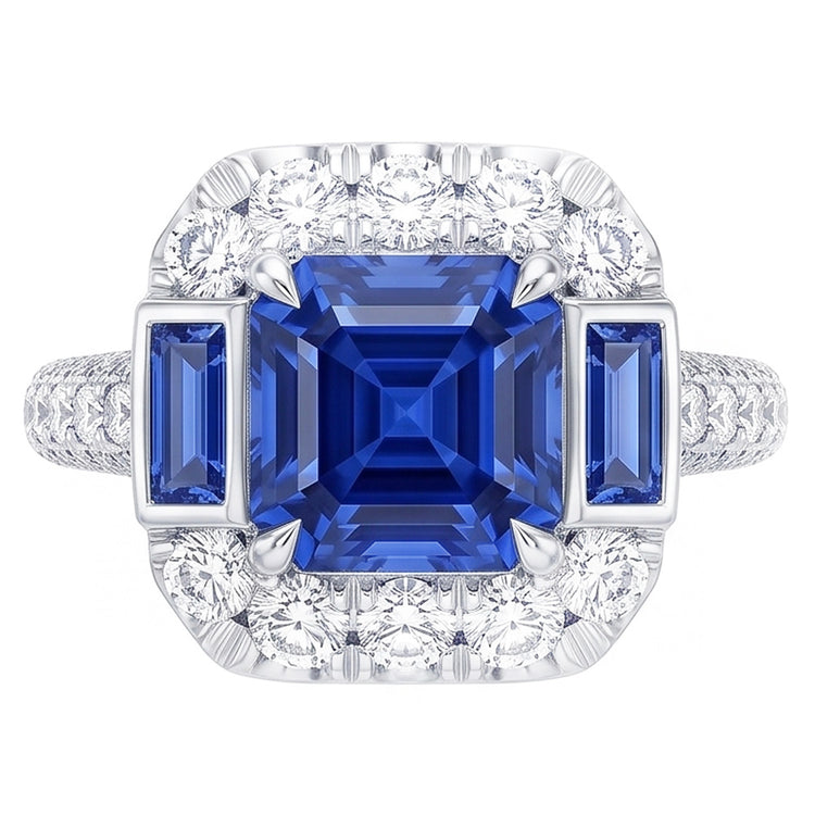 Bague Pierre Gemme Asscher & Emeraude Saphir Diamant Bijoux 4.50 Carats